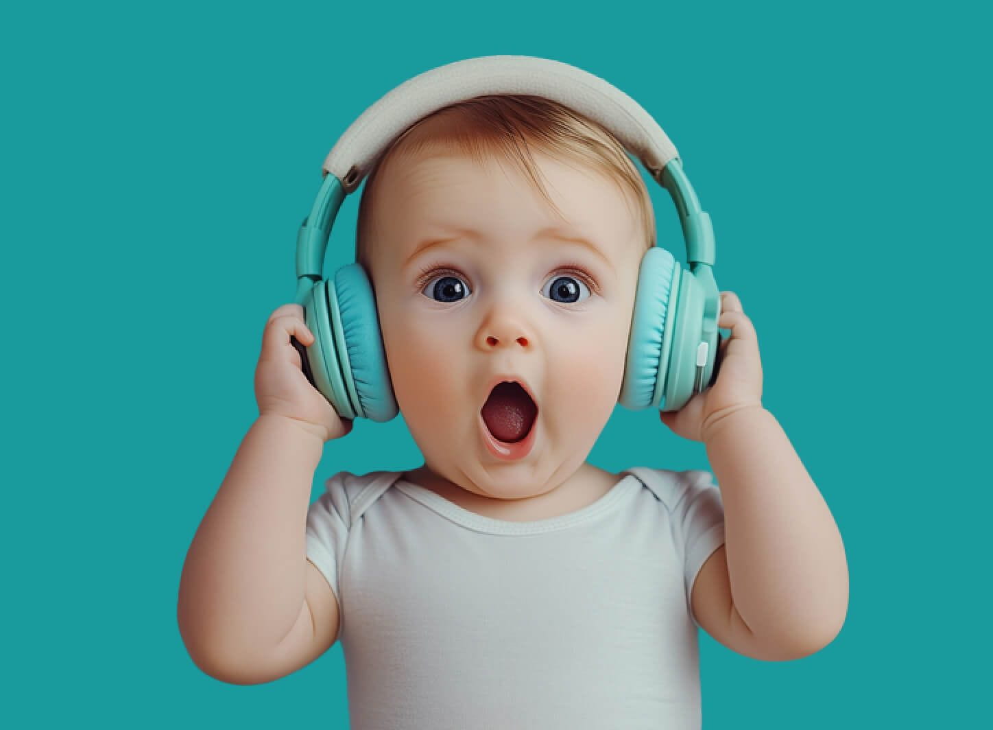 baby wearing headphones with a shocked expression